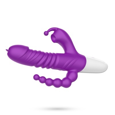 Vibrador roxo de silicone com formas anatómicas distintas e controlador branco.