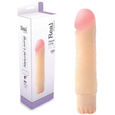 Vibrador realista cor pele com embalagem branca e lilás