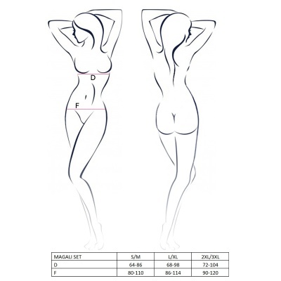 Desenho corpo feminino com marcações de medidas e tabela de tamanhos