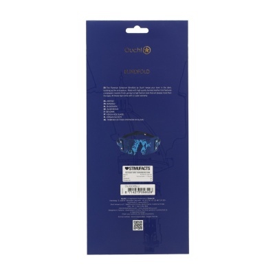Embalagem azul com venda azul de padrão metálico e texto em várias línguas