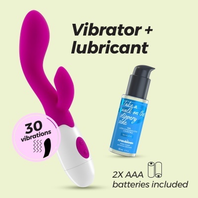 Vibrador roxo com botão branco e frasco azul de lubrificante em fundo claro