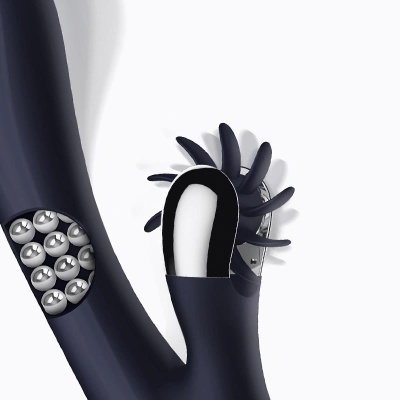 Vibrador preto com esferas metálicas e apêndices flexíveis