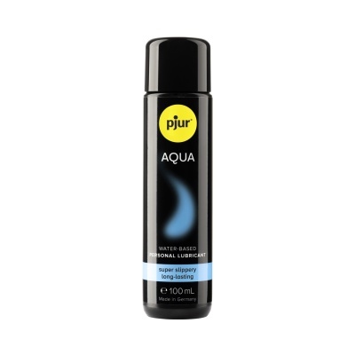 Frasco preto de lubrificante pessoal pjur Aqua com tampa preta e rótulo amarelo e azul