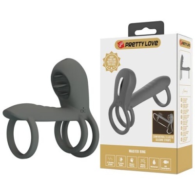 Anel de silicone preto para peniana com três argolas e embalagem da marca PRETTY LOVE