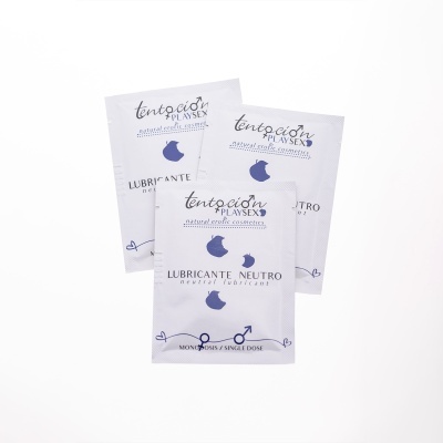 Saquetas de lubrificante neutro com design branco e azul