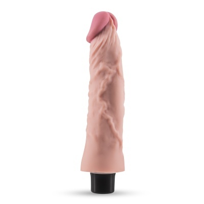 Vibrador rosa com forma realista e base preta em fundo branco