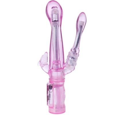 Vibrador rosa transparente com braços flexíveis e mecanismos internos