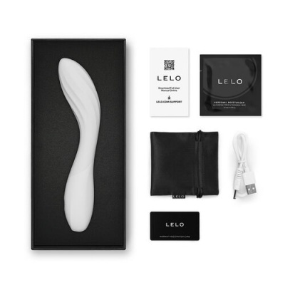 Vibrador branco de silicone com acessórios e embalagem da marca LELO