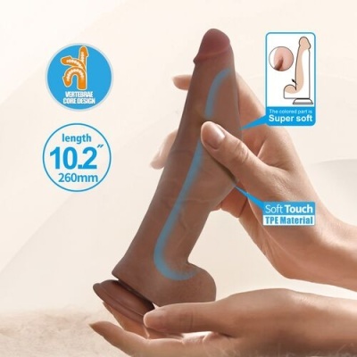 Dildo castanho TPE com design anatómico e etiquetas de características
