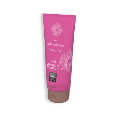 Frasco rosa de gel de massagem com texto e desenhos brancos