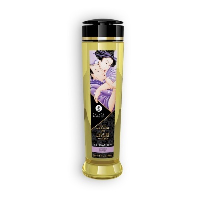 Frasco de óleo de massagem erótica Shunga com rótulo ilustrado e tampa preta