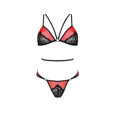 Conjunto de lingerie vermelho e preto com renda e tiras finas.
