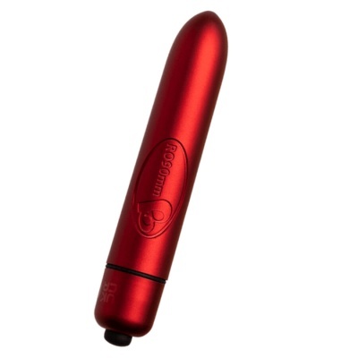 Vibrador bullet vermelho metálico com texto pogo mini e botão preto na base