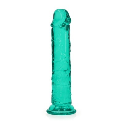 Dildo verde translúcido com base circular sobre fundo branco