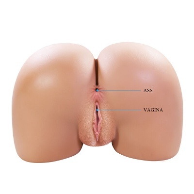 Simulador anatómico de nádegas com aberturas rotuladas ASS e VAGINA