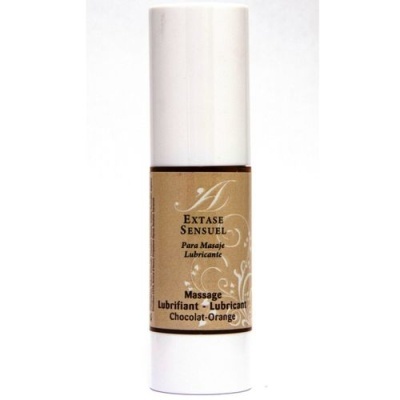Frasco branco de lubrificante para massagem de chocolate e laranja