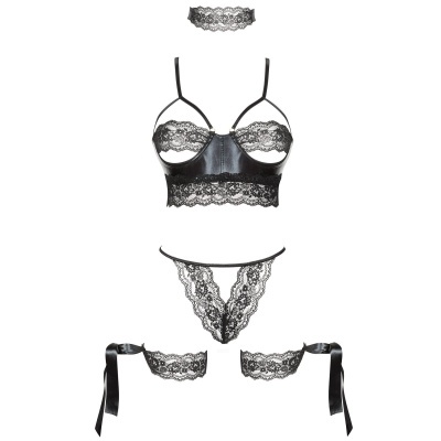 Conjunto de lingerie feminino preto em renda e cetim com várias peças
