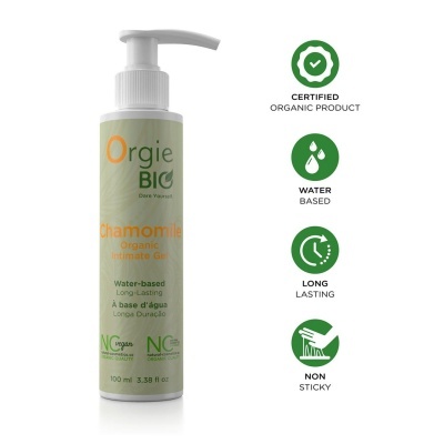 Frasco branco com doseador e rótulo verde e laranja de gel íntimo Orgie BIO
