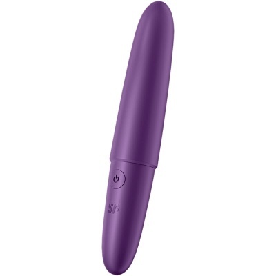 Vibrador roxo cilíndrico com botão de energia e símbolo SF
