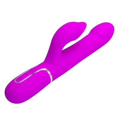 Vibrador roxo com duas extremidades e botões de controlo
