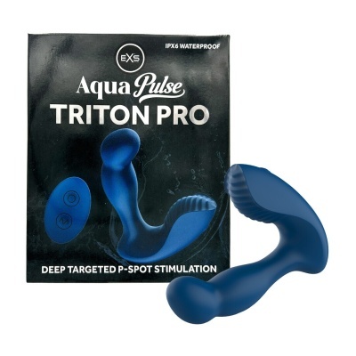 Produto Aqua Pulse Triton Pro azul com embalagem preta e controlo remoto azul