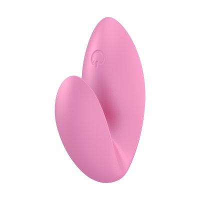 Dispositivo rosa com formato curvado e botão gravado