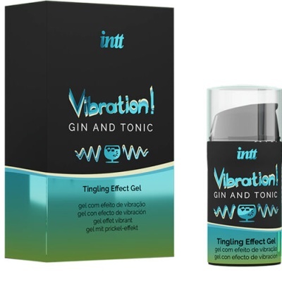 Gel efeito vibração intt Vibration! Gin and Tonic embalagem preta e verde com frasco transparente.
