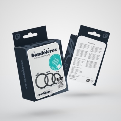 Embalagens de conjunto de anéis de silicone preto em caixas pretas e brancas com texto e QR code.