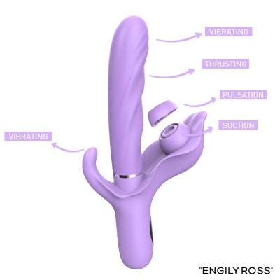 Vibrador lilás com várias funções indicadas por setas