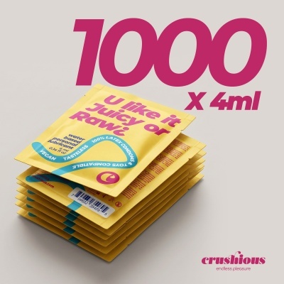 Pacote amarelo de lubrificante íntimo com texto rosa e selo azul