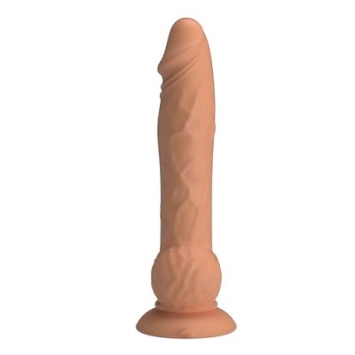Dildo bege com textura veias e base larga.