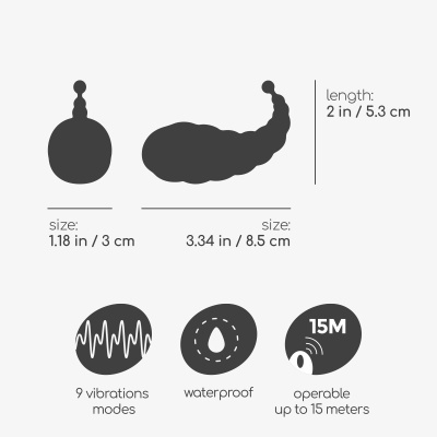 Contornos de dois produtos com medidas e ícones de vibração, impermeabilidade e alcance de 15 metros