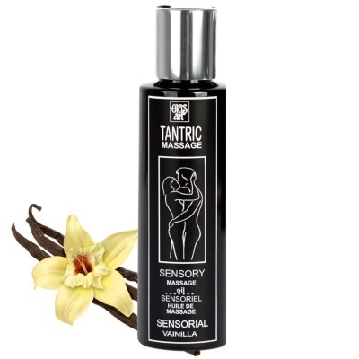 Frasco de óleo de massagem com flor e favas de baunilha