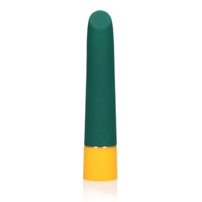 Vibrador verde escuro com base amarela e botão de ligar