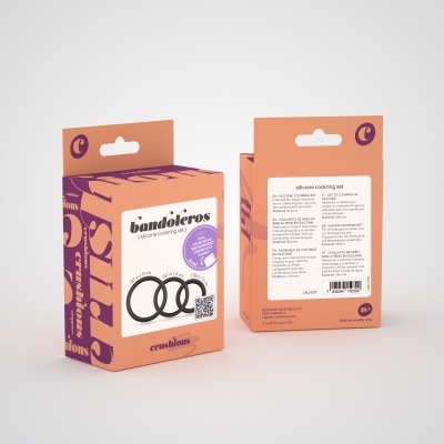 Embalagem do conjunto de cockrings de silicone bandóleros cor de pêssego e roxo com texto e selo lilás.