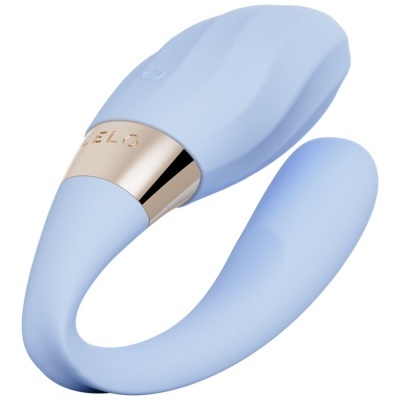 Dispositivo azul claro com detalhe dourado e inscrição LELO, curvado, textura lisa