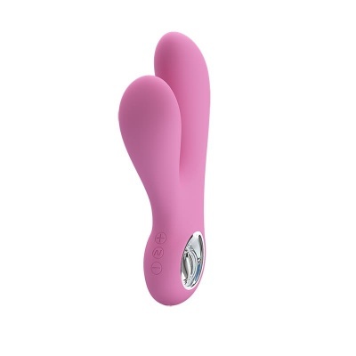 Vibrador cor-de-rosa com duas pontas e botões de controlo