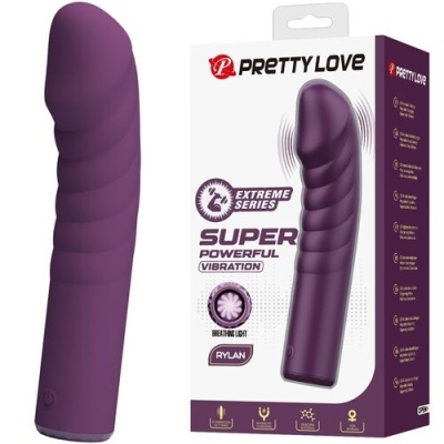 Vibrador roxo com embalagem branca e roxa e texto PRETTY LOVE SUPER POWERFUL VIBRATION