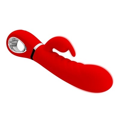 Vibrador vermelho com apêndice e punho metálico