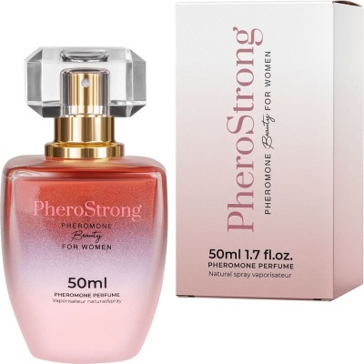 Frasco de perfume PheroStrong rosa com embalagem branca e rosa.