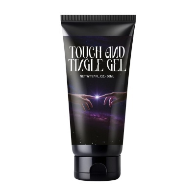 Frasco de gel preto com texto branco e imagem de duas mãos quase a tocar