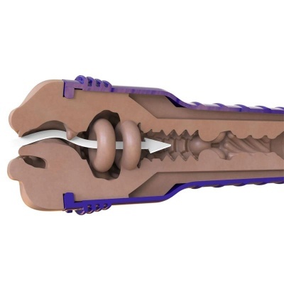Componente cilíndrico castanho e roxo com corte transversal mostrando fluxo interno