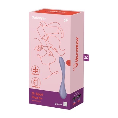 Embalagem rose e roxa com vibrador azul e design linear de casal a beijar