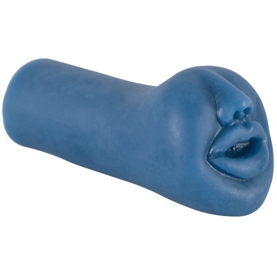 Objeto azul longo com rosto humano esculpido em uma extremidade