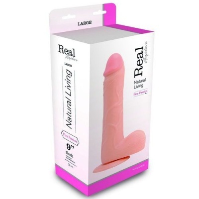 Embalagem com dildo realista cor de pele e textos Real Haptics, Large, Natural Living, Fire Passion.