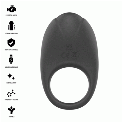 Anel vibratório preto de silicone flexível com símbolos UKCA e CE