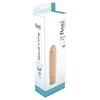 Embalagem branca com dildo beige realista e texto Real Natural Living