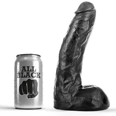 Lata prateada com texto ALL BLACK e punho preto ao lado de objeto preto e rugoso com formato fálico