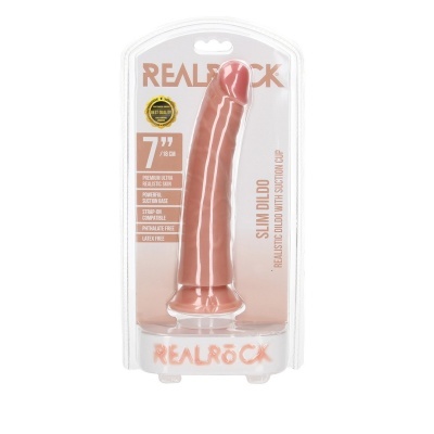 Dildo realístico cor pele com base de ventosa em embalagem transparente