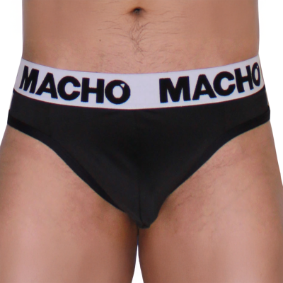 Cuecas pretas com cintura elástica branca e palavra MACHO preta